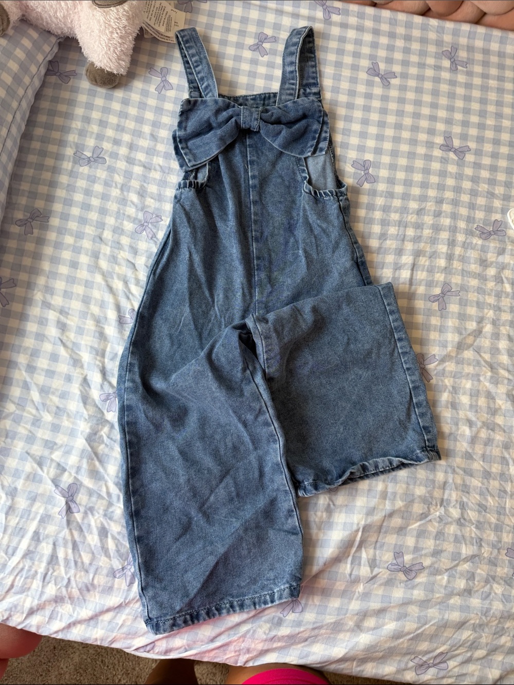 Denim Bow Strap Overalls - Blue